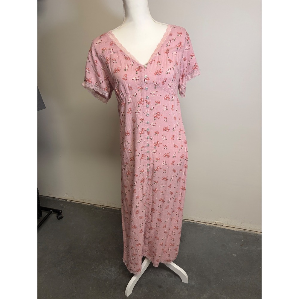 Lucky Brand Pink with Small Flower Maxi Dress Low Cut Neck Lace Baby Doll Dress